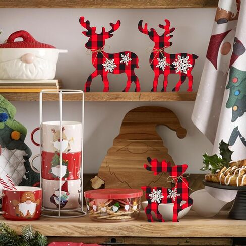 3 Pcs Reindeer Christmas Decor, Rustic Christmas Table Decor for Home, Farmhouse Centerpiece, Holiday Xmas Tiered Tray Decorations for Kitchen, Living Room, Dining Table, Shelf (Multicolor) in Saudi Arabia