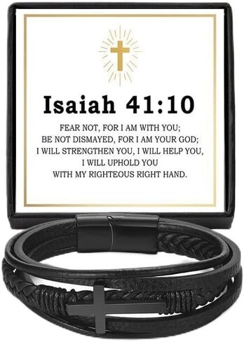 Men's Cross Leather Bracelet with Bible Verse, Layer Black Leather Bracelet for Men, Christian Religious Inspirational Graduation Gift for Him Dad Husband Boyfriend Grandson Son in Saudi Arabia