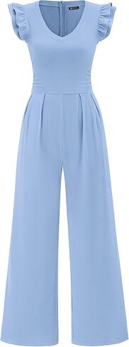 PRETTYGARDEN One Piece Jumpsuits For Women Dressy Ruffle Cap Sleeve V Neck Ribbed Knit Wide Leg Romper Casual Spring Outfits in Saudi Arabia