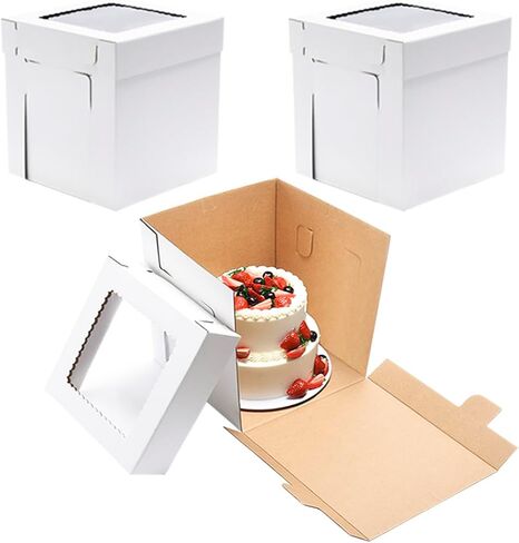 JJO Tall Cake Boxes for Tier Cakes, 3 Pack 12x12x12 Inch,White Cake Boxes with Window,Sturdy Tall Cake Carrier, Disposable Cake Containers in Kuwait