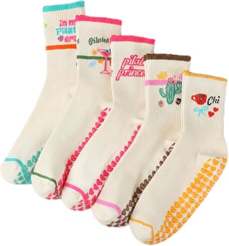 5 Pairs Women Pilates Grippy Socks Crew Half Calf Yoga Socks for Pilates Fitness Workout Hospital in Saudi Arabia