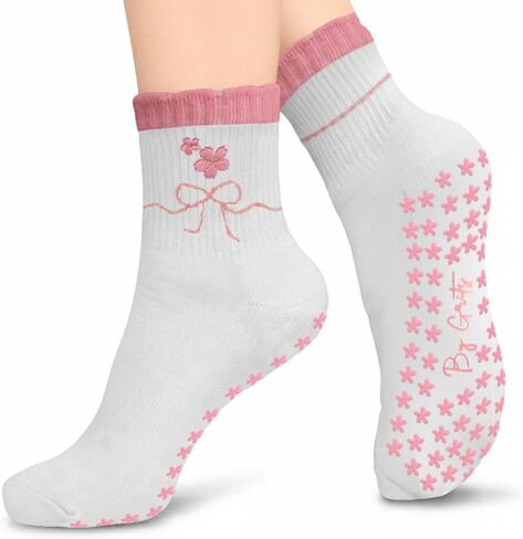 Women’s Pilates Grip Socks – Beige Non-Slip Barre & Yoga Socks with Poodle Puppy Embroidery, Paw Grip Motifs & Brown Ruffle Trim – Cute Non Skid Socks By Grits in Saudi Arabia