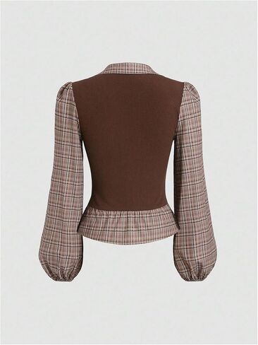 Women's Plaid Patchwork Blouse 2 in 1 Collar Button Down Blouses Elegant Tops in Saudi Arabia