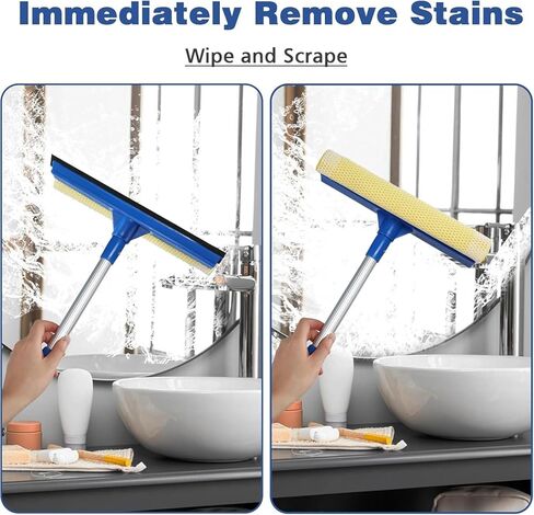 ممسحة نافذة احترافية 2 في 1 بمقبض تلسكوبي من الفولاذ المقاوم للصدأ (13.3 بوصة - 18.9 بوصة) | اسفنج ومكشطة للزجاج والدش والسيارات والأسطح العالية in Kuwait