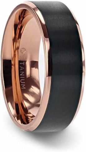 Mens Titanium Rose Gold Plated Flat Brushed Center Black Wedding Ring - Beveled Polished Comfort Fit - 6mm 8mm Wide - Style Name: Stephen in Saudi Arabia