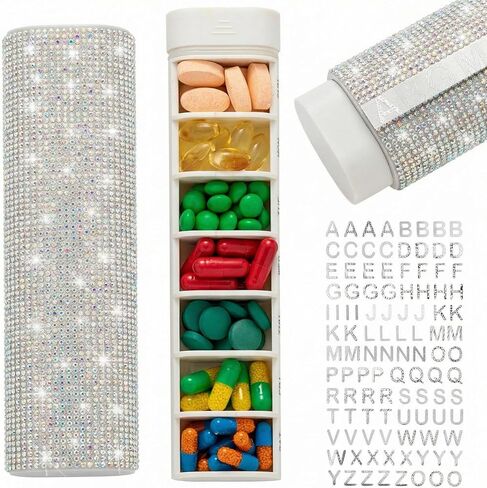 Pill Case for Purse Bling 7-Day Pill Organizer Weekly Compact Medicine Containers Travel Medication Box Holder for Traveling Women(White) in Saudi Arabia
