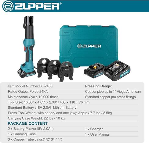 ZUPPER Compact Pro Press Tool kit with 1/2", 3/4", 1" Copper Pro Press Jaws, 2pcs Battery, Fast Charger & Carrying Case in Saudi Arabia