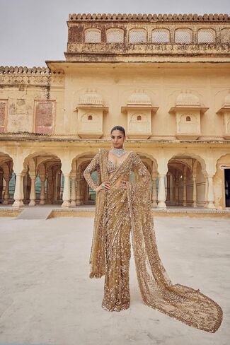 Bollywood inspired Designer Net Saree with hand embroidered unstitched blouse, Traditional Wedding Wear. in Kuwait