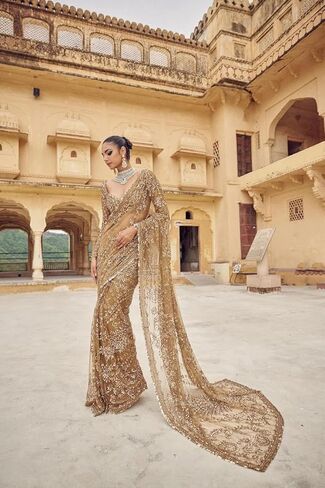 Bollywood inspired Designer Net Saree with hand embroidered unstitched blouse, Traditional Wedding Wear. in Kuwait
