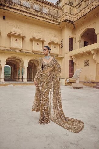 Bollywood inspired Designer Net Saree with hand embroidered unstitched blouse, Traditional Wedding Wear. in Kuwait