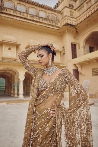 Bollywood inspired Designer Net Saree with hand embroidered unstitched blouse, Traditional Wedding Wear. in Kuwait