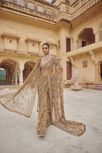 Bollywood inspired Designer Net Saree with hand embroidered unstitched blouse, Traditional Wedding Wear. in Kuwait