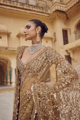 Bollywood inspired Designer Net Saree with hand embroidered unstitched blouse, Traditional Wedding Wear. in Kuwait