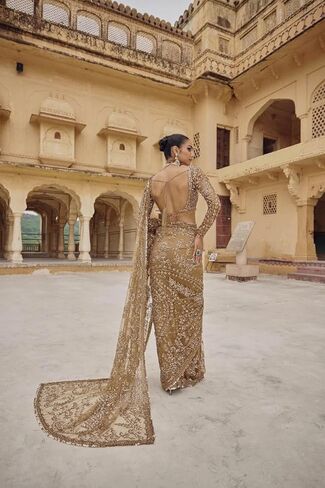 Bollywood inspired Designer Net Saree with hand embroidered unstitched blouse, Traditional Wedding Wear. in Kuwait