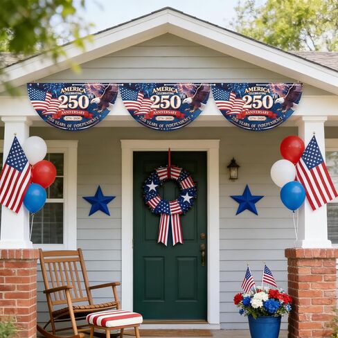 2PCS 250th Anniversary USA Bunting Flag, Patriotic Eagle Motif American Fan Flag Decorations, 1776-2026 250 Years of Independence Banner Decors for Wall Front Door Porch Fence Outdoor, 1.5x3 FT in Saudi Arabia
