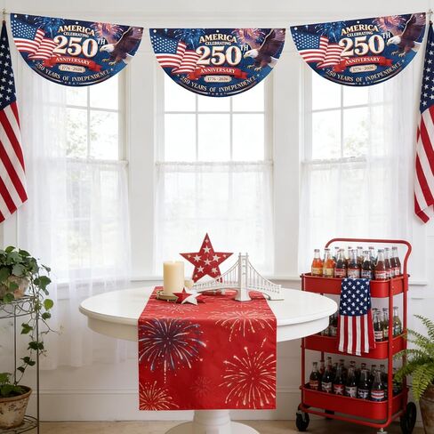 2PCS 250th Anniversary USA Bunting Flag, Patriotic Eagle Motif American Fan Flag Decorations, 1776-2026 250 Years of Independence Banner Decors for Wall Front Door Porch Fence Outdoor, 1.5x3 FT in Saudi Arabia