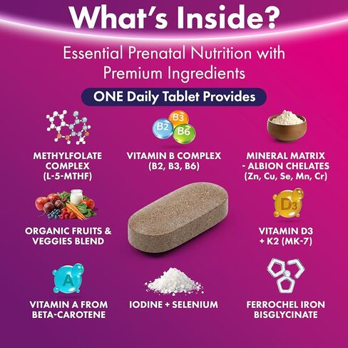 Prenatal Vitamins for Women- Sophisticated Folate and 18 Vitamins and Minerals for Neural Tube Support & Fetal Brain Development, Gluten-Free, Dairy-Free & Soy-Free - 30 Capsules - 30 Servings in Saudi Arabia