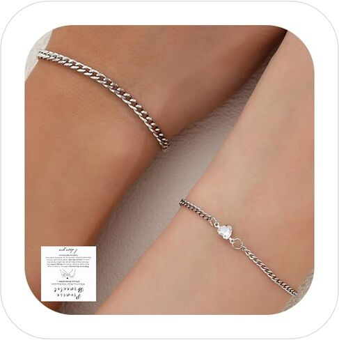 Couples Bracelets Bracelet Matching Bracelets for Couples Boyfriend Gifts Relationship Jewelry Best Friend Accessorie Gold and Silver Cuban Stainless Steel Chain Cute Heart Cubic Zirconia Bracelet in Saudi Arabia