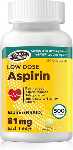 RIGHT REMEDIES Low Dose Aspirin 81mg, Enteric Coated Tablets, NSAID Pain Reliever & Fever Reducer for Adults, Compare to the Active Ingredient in Bayer® Low Dose Aspirin (500ct) in Kuwait