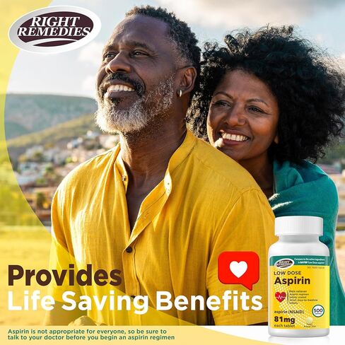 RIGHT REMEDIES Low Dose Aspirin 81mg, Enteric Coated Tablets, NSAID Pain Reliever & Fever Reducer for Adults, Compare to the Active Ingredient in Bayer® Low Dose Aspirin (500ct) in Kuwait