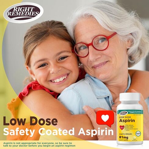 RIGHT REMEDIES Low Dose Aspirin 81mg, Enteric Coated Tablets, NSAID Pain Reliever & Fever Reducer for Adults, Compare to the Active Ingredient in Bayer® Low Dose Aspirin (500ct) in Kuwait