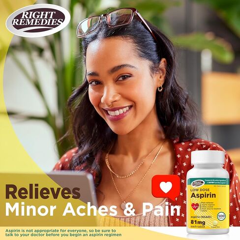 RIGHT REMEDIES Low Dose Aspirin 81mg, Enteric Coated Tablets, NSAID Pain Reliever & Fever Reducer for Adults, Compare to the Active Ingredient in Bayer® Low Dose Aspirin (500ct) in Kuwait