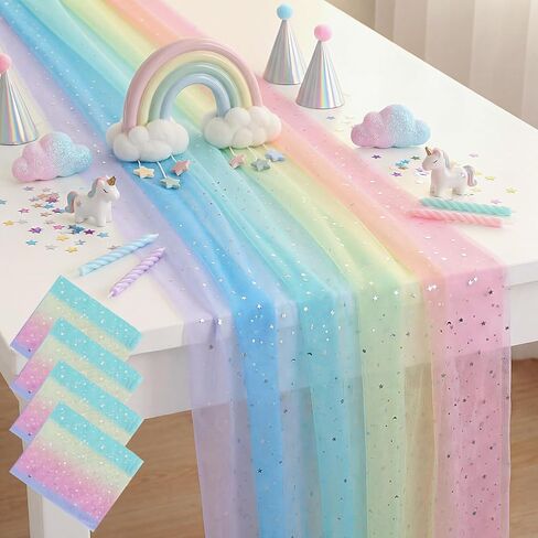 4 Pcs Rainbow Tulle Table Runner 29 x70 inch Colorful Lace Table Runner Pastel Iridescent Decor for Home Kitchen Garden Party Unicorn Birthday Baby Shower Wedding Bridal Shower Decor in Saudi Arabia