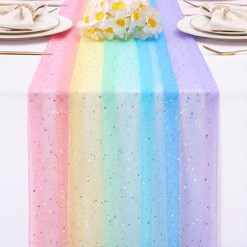 4 Pcs Rainbow Tulle Table Runner 29 x70 inch Colorful Lace Table Runner Pastel Iridescent Decor for Home Kitchen Garden Party Unicorn Birthday Baby Shower Wedding Bridal Shower Decor in Saudi Arabia