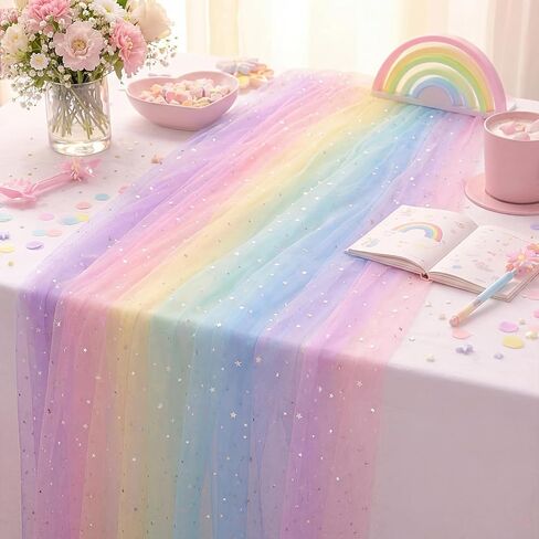 4 Pcs Rainbow Tulle Table Runner 29 x70 inch Colorful Lace Table Runner Pastel Iridescent Decor for Home Kitchen Garden Party Unicorn Birthday Baby Shower Wedding Bridal Shower Decor in Saudi Arabia