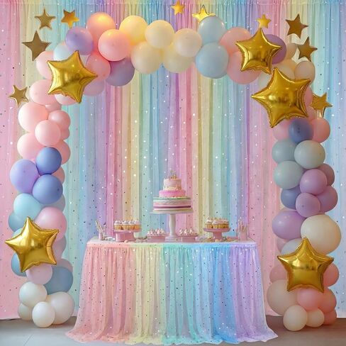 4 Pcs Rainbow Tulle Table Runner 29 x70 inch Colorful Lace Table Runner Pastel Iridescent Decor for Home Kitchen Garden Party Unicorn Birthday Baby Shower Wedding Bridal Shower Decor in Saudi Arabia