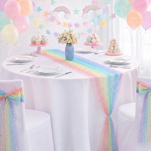 4 Pcs Rainbow Tulle Table Runner 29 x70 inch Colorful Lace Table Runner Pastel Iridescent Decor for Home Kitchen Garden Party Unicorn Birthday Baby Shower Wedding Bridal Shower Decor in Saudi Arabia