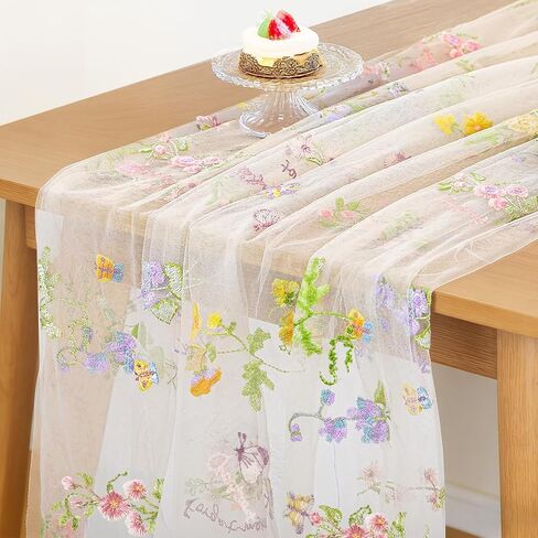 AerWo Embroidery Sage Floral Table Runner 120 Inch 10FT, White Floral Runners for Tables Flower Decorations for Party, Flower Runner for Table Kitchen & Dining, Party and Event Centerpiece in Saudi Arabia