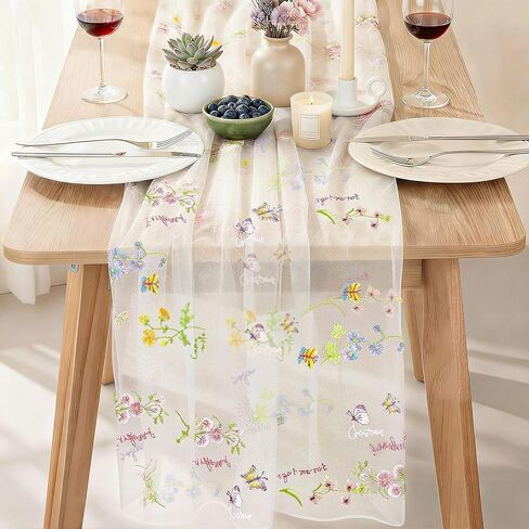 AerWo Embroidery Sage Floral Table Runner 120 Inch 10FT, White Floral Runners for Tables Flower Decorations for Party, Flower Runner for Table Kitchen & Dining, Party and Event Centerpiece in Saudi Arabia