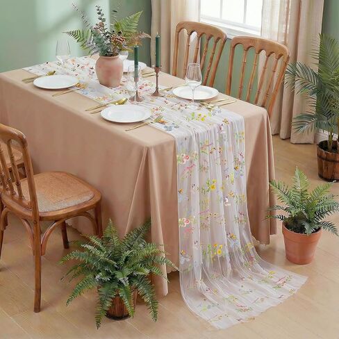 AerWo Embroidery Sage Floral Table Runner 120 Inch 10FT, White Floral Runners for Tables Flower Decorations for Party, Flower Runner for Table Kitchen & Dining, Party and Event Centerpiece in Saudi Arabia