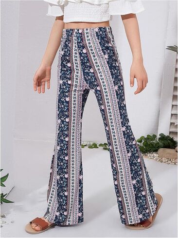 Girl's Floral Print Elastic Waist Flare Leg Pants Casual Trousers in Saudi Arabia