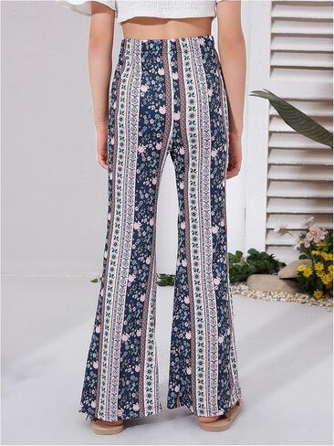 Girl's Floral Print Elastic Waist Flare Leg Pants Casual Trousers in Saudi Arabia