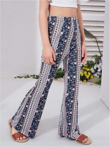Girl's Floral Print Elastic Waist Flare Leg Pants Casual Trousers in Saudi Arabia
