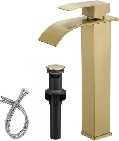 BWE Vessel Sink Faucet Brushed Gold Faucet for Bathroom Sink Tall Waterfall Bathroom Faucet Single Handle One Hole Vanity Sink Faucet with Pop-up Drain in Saudi Arabia