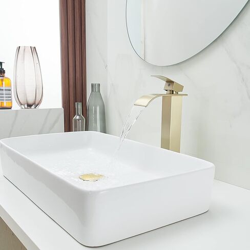 BWE Vessel Sink Faucet Brushed Gold Faucet for Bathroom Sink Tall Waterfall Bathroom Faucet Single Handle One Hole Vanity Sink Faucet with Pop-up Drain in Saudi Arabia