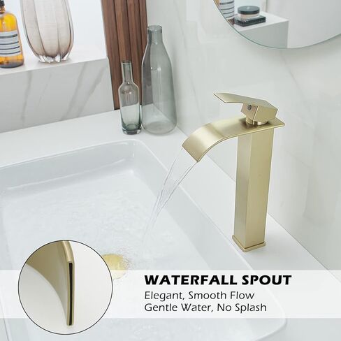 BWE Vessel Sink Faucet Brushed Gold Faucet for Bathroom Sink Tall Waterfall Bathroom Faucet Single Handle One Hole Vanity Sink Faucet with Pop-up Drain in Saudi Arabia