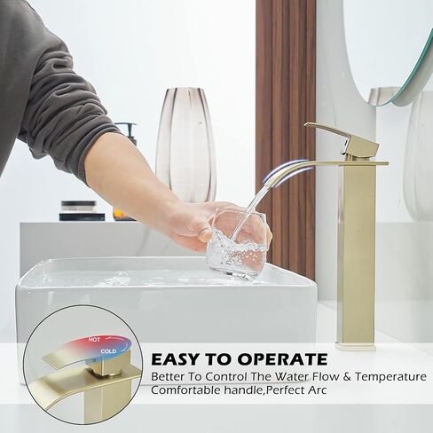 BWE Vessel Sink Faucet Brushed Gold Faucet for Bathroom Sink Tall Waterfall Bathroom Faucet Single Handle One Hole Vanity Sink Faucet with Pop-up Drain in Saudi Arabia