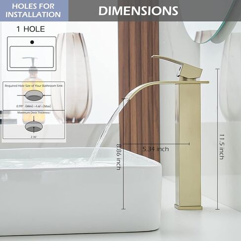 BWE Vessel Sink Faucet Brushed Gold Faucet for Bathroom Sink Tall Waterfall Bathroom Faucet Single Handle One Hole Vanity Sink Faucet with Pop-up Drain in Saudi Arabia