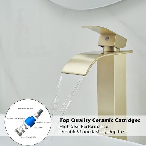 BWE Vessel Sink Faucet Brushed Gold Faucet for Bathroom Sink Tall Waterfall Bathroom Faucet Single Handle One Hole Vanity Sink Faucet with Pop-up Drain in Saudi Arabia