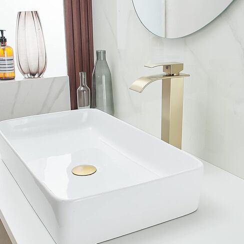 BWE Vessel Sink Faucet Brushed Gold Faucet for Bathroom Sink Tall Waterfall Bathroom Faucet Single Handle One Hole Vanity Sink Faucet with Pop-up Drain in Saudi Arabia