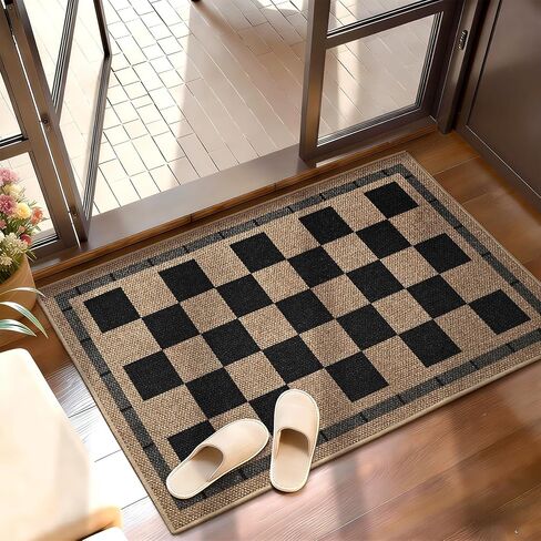 Vasofe 3x5 Plaid Rug, Jute Rugs, Washable Outdoor Indoor Checkered Carpets, Entryway Bedroom Potio Porch Kitchen Carpet, Non Slip Farmhouse Neutral Office Laundry Floor Mat, Black and Brown in Saudi Arabia