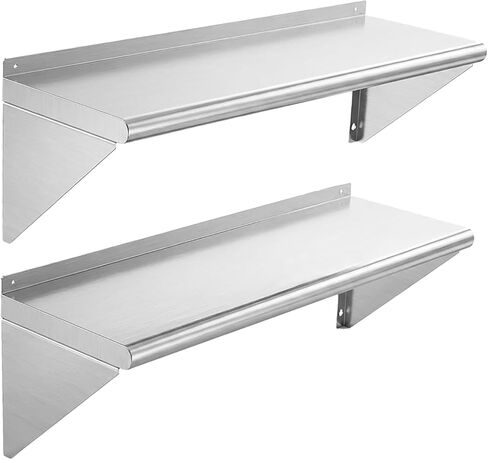 KUARBARR رف من الفولاذ المقاوم للصدأ مثبت على الحائط من الفولاذ المقاوم للصدأ مقاس 12 × 48 بوصة، عبوتان من أرفف الحائط المعدنية التجارية، رفوف المرآب لمطبخ المطعم in Kuwait