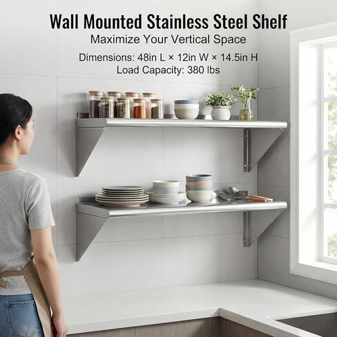 KUARBARR رف من الفولاذ المقاوم للصدأ مثبت على الحائط من الفولاذ المقاوم للصدأ مقاس 12 × 48 بوصة، عبوتان من أرفف الحائط المعدنية التجارية، رفوف المرآب لمطبخ المطعم in Kuwait