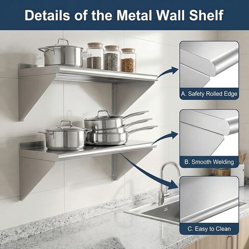 KUARBARR رف من الفولاذ المقاوم للصدأ مثبت على الحائط من الفولاذ المقاوم للصدأ مقاس 12 × 48 بوصة، عبوتان من أرفف الحائط المعدنية التجارية، رفوف المرآب لمطبخ المطعم in Kuwait