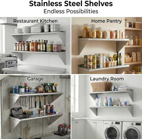 KUARBARR رف من الفولاذ المقاوم للصدأ مثبت على الحائط من الفولاذ المقاوم للصدأ مقاس 12 × 48 بوصة، عبوتان من أرفف الحائط المعدنية التجارية، رفوف المرآب لمطبخ المطعم in Kuwait