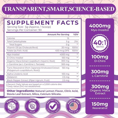 مكمل Myo-Inositol & D-Chiro Inositol للنساء، 4000 مجم: 100 مجم مسحوق Inositol، مكملات الخصوبة التوازن الهرموني للنساء دعم صحة المبيض، مع حمض الفوليك وفيتامين D، نباتي، 90 يومًا in Saudi Arabia